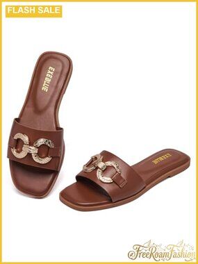 Faux Leather Slide Sandals Open Toe Slip On Flat Beach Sandals